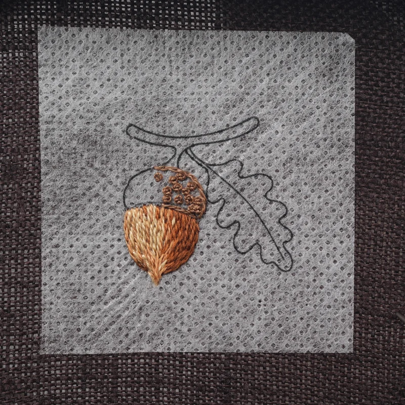 Outline the right side of the acorn cap with split stitch. Add French knots across the right side, spacing them loosely to leave room for the other shades.